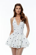Braylee White Plunge Neck Polka Dot Mini Dress - Aura Muse