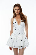 Braylee White Plunge Neck Polka Dot Mini Dress - Aura Muse