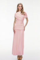 Briseis Pink Crew Neck Ruched Maxi Dress - Aura Muse