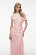 Briseis Pink Crew Neck Ruched Maxi Dress - Aura Muse