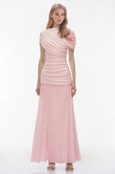 Briseis Pink Crew Neck Ruched Maxi Dress - Aura Muse