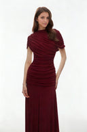 Briseis Red Crew Neck Ruched Maxi Dress - Aura Muse