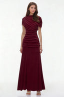 Briseis Red Crew Neck Ruched Maxi Dress - Aura Muse