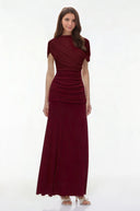 Briseis Red Crew Neck Ruched Maxi Dress - Aura Muse