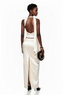Brunehilde Ivory Plunge Neck Satin Top & Skirt Set - Aura Muse