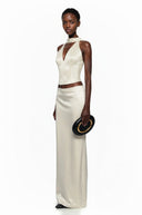 Brunehilde Ivory Plunge Neck Satin Top & Skirt Set - Aura Muse