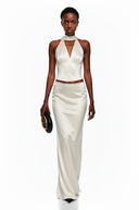 Brunehilde Ivory Plunge Neck Satin Top & Skirt Set - Aura Muse