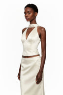 Brunehilde Ivory Plunge Neck Satin Top & Skirt Set - Aura Muse