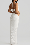 Calypso White Pearl Embellished Ruched Top & Skirt Set - Aura Muse