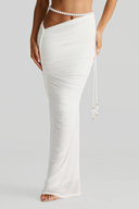 Calypso White Pearl Embellished Ruched Top & Skirt Set - Aura Muse