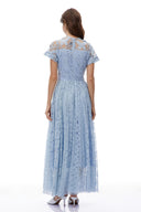 Cassidy Blue Floral Lace Maxi Dress with Butterfly Applique - Aura Muse