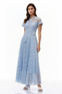 Cassidy Blue Floral Lace Maxi Dress with Butterfly Applique - Aura Muse