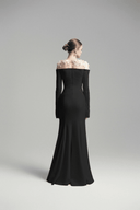 Cavella Black Floral Appliqué Off - Shoulder Gown - Aura Muse