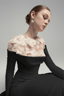 Cavella Black Floral Appliqué Off - Shoulder Gown - Aura Muse