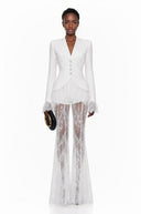 Cécile White Lace Trim Blazer & Sheer Lace Trouser Set - Aura Muse