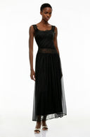 Celeste Black Pleated Maxi Dress with Lace Panels - Aura Muse