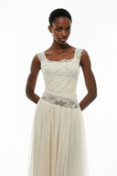 Celeste White Pleated Maxi Dress with Lace Panels - Aura Muse