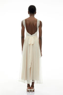 Celeste White Pleated Maxi Dress with Lace Panels - Aura Muse