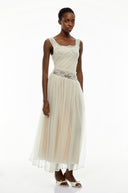 Celeste White Pleated Maxi Dress with Lace Panels - Aura Muse
