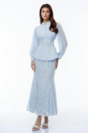 Claudine Blue Lace Panel Blouse & Skirt Set - Aura Muse