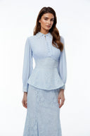 Claudine Blue Lace Panel Blouse & Skirt Set - Aura Muse