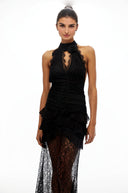 Cora Black Halterneck Floral Lace Maxi Dress - Aura Muse