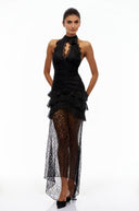 Cora Black Halterneck Floral Lace Maxi Dress - Aura Muse