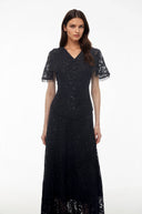 Corinne Black Sequin Floral Lace Maxi Dress - Aura Muse