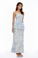 Cosette Blue Floral Strapless Peplum Maxi Dress - Aura Muse