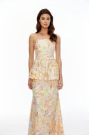 Cosette Orange Floral Strapless Peplum Maxi Dress - Aura Muse