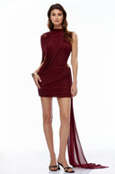 Dahlia Burgundy Asymmetrical Ruched Bodycon Mini Dress - Aura Muse