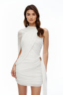 Dahlia White Asymmetrical Ruched Bodycon Mini Dress - Aura Muse