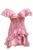 Darya V Neck Ruffle Mini Dress In Pink - Aura Muse