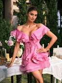 Darya V Neck Ruffle Mini Dress In Pink - Aura Muse