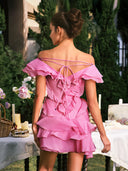 Darya V Neck Ruffle Mini Dress In Pink - Aura Muse