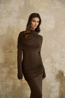 Dorotea Brown Cape Design Ruched Maxi Dress - Aura Muse