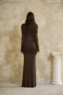 Dorotea Brown Cape Design Ruched Maxi Dress - Aura Muse