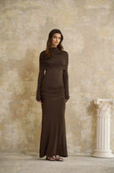 Dorotea Brown Cape Design Ruched Maxi Dress - Aura Muse