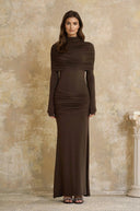 Dorotea Brown Cape Design Ruched Maxi Dress - Aura Muse