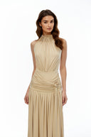 Douce Champagne Halterneck Ruched Maxi Dress with Side Slit - Aura Muse