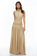 Douce Champagne Halterneck Ruched Maxi Dress with Side Slit - Aura Muse