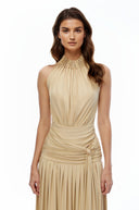 Douce Champagne Halterneck Ruched Maxi Dress with Side Slit - Aura Muse