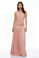 Douce Pink Halterneck Ruched Maxi Dress with Side Slit - Aura Muse