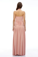 Douce Pink Halterneck Ruched Maxi Dress with Side Slit - Aura Muse