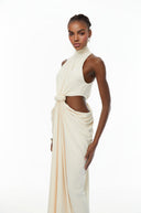 Éclat Neutral Braid Detail Ruched Maxi Dress - Aura Muse
