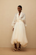 Edith Cream White Draped Tulle Maxi Dress - Aura Muse