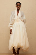 Edith Cream White Draped Tulle Maxi Dress - Aura Muse