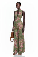 Edwina Green Mock Neck Ruched Jumpsuit with Floral Print - Aura Muse
