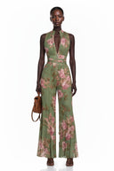 Edwina Green Mock Neck Ruched Jumpsuit with Floral Print - Aura Muse