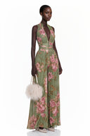 Edwina Green Mock Neck Ruched Jumpsuit with Floral Print - Aura Muse